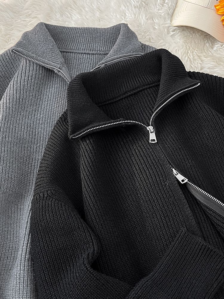Men's Clothing Sweater Lazy Style Knit Cardigan - Oversized Casual Sweater With Semi-Turtle Neck, Trendy Fall Winter Pullover (Grey, Black)_voghion.com