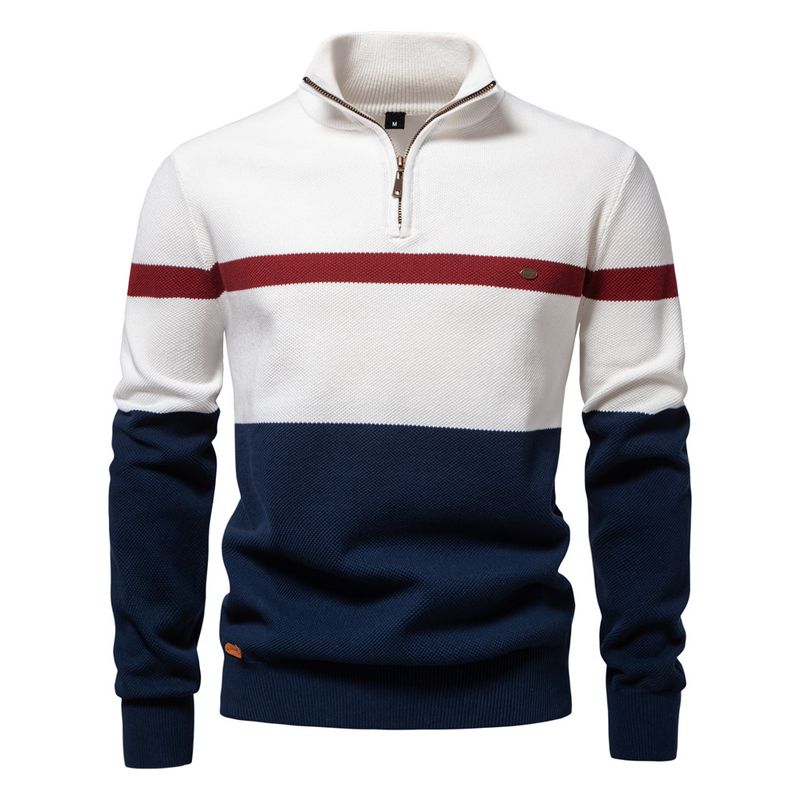 Stand-up Collar Men's Sweater Half Zipper Color Matching Knitted Sweater Quality Men's Clothing_voghion.com
