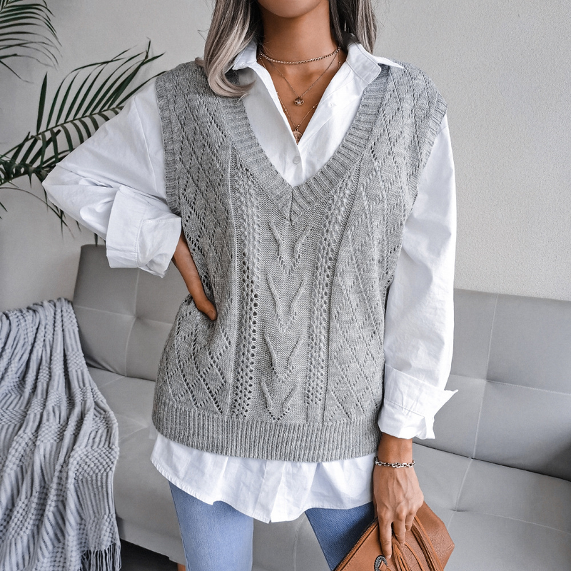 Pull tricoté à col en v pour femme, vêtement style Ins, ajouré et torsadé, collection automne et hiver 2023_voghion.com