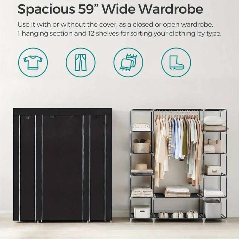 Clothes Woven 59 X Rack Freestanding 17.7 Closet Compartments Storage 1pc NonPortable Cover With 6 Dust X Wardrobe Organizer 12_voghion.com