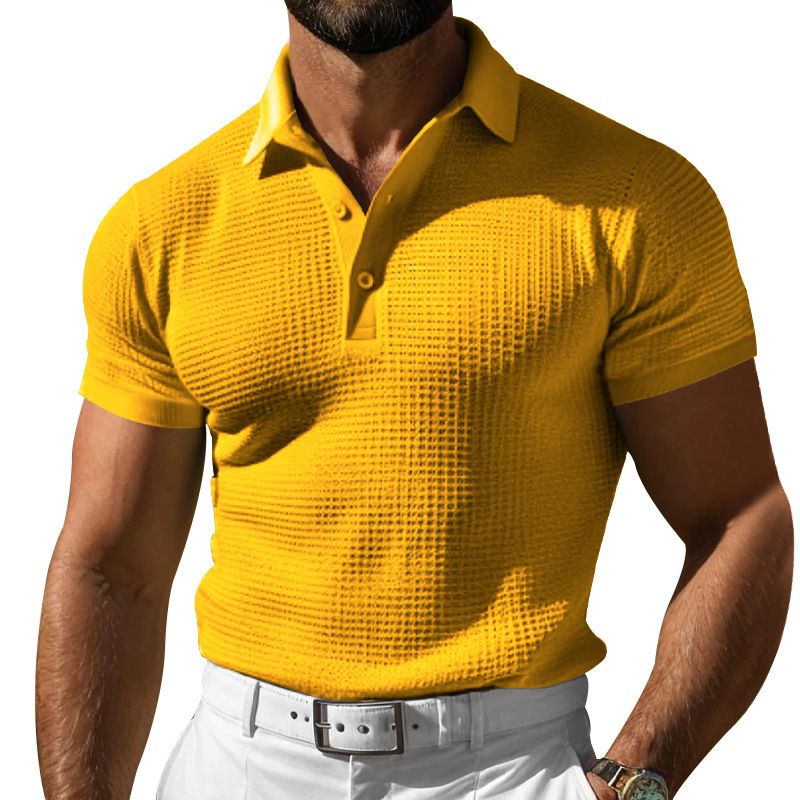 24 Polo Shirt Short Sleeve Summer Plus Size Turn-down Collar Button Slim Fit Waffle Texture Men's T-Shirt_voghion.com