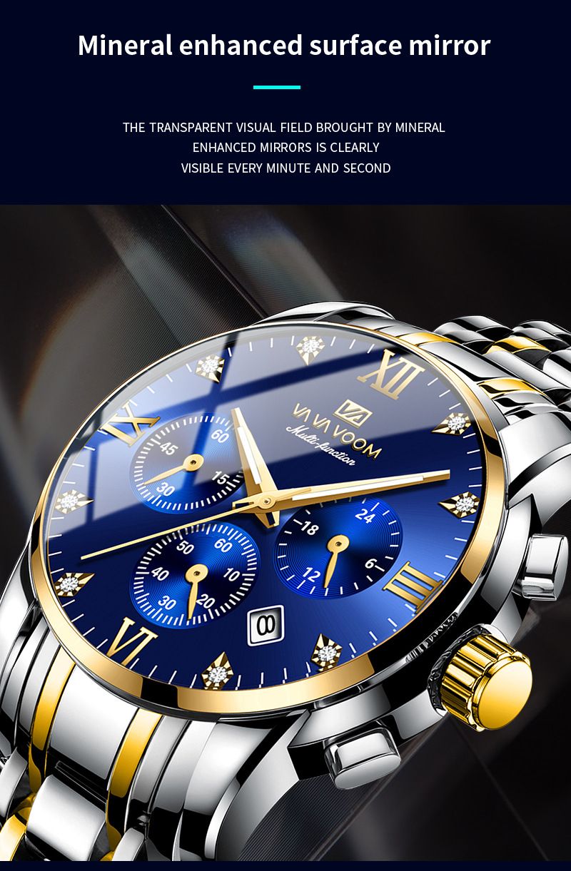 VA VOOM Brand New 2712 Steel Strip Blue Face Fashionable Business Waterproof Watch_voghion.com
