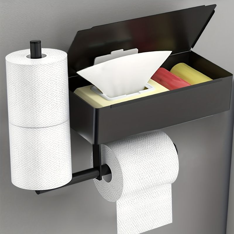 Wandmontierter Toilettenpapierhalter aus Edelstahl mit Wischtuchspender und Ablage, modernes schwarzes Badezimmer-Tissue-Aufbewahrungsregal mit Behälter für spülbare Wischtücher_voghion.com
