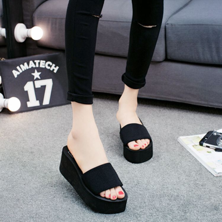 2017 New Elastic Belt Flat Bottom Slope One Line Women's Cool And Slippery Cake Heel Slippers Summer_voghion.com