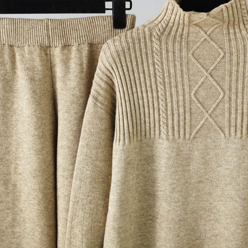 Ensemble de pantalons tricotés doux et polyvalents pour femmes, col mi-haut, pull ample décontracté, vent doux_voghion.com