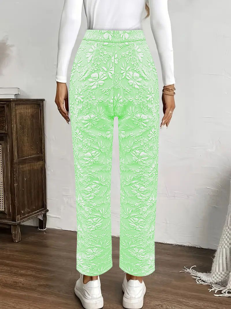 Pantaloni casual da donna a vita alta con tasche, modello dritto in jacquard floreale, per l'estate_voghion.com