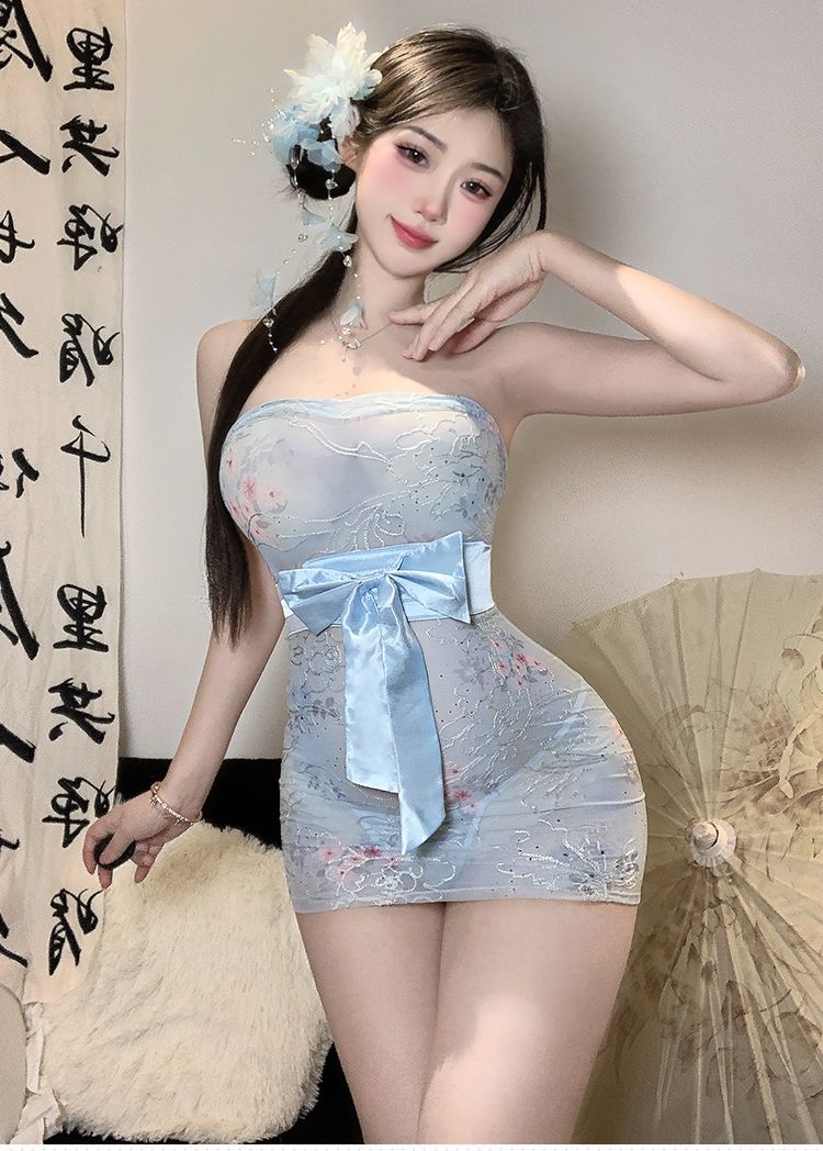 Sex Underwear Pure Desire Printing Perspective Kimono Sexy Tube Top Hip Nightdress Uniform Free Pajama Set_voghion.com