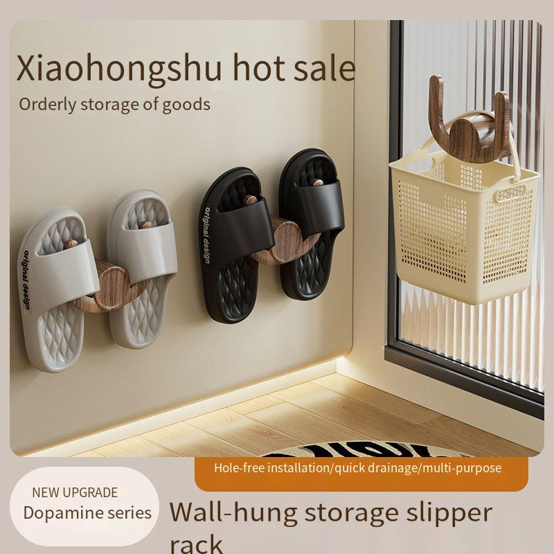 Peach Wood Grain Slipper No-Drill Bathroom Multifunctional Storage Shoe Wall Hanging Rack_voghion.com