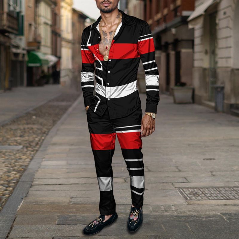 2025 Spring Summer Men Shirt Set Geometry Print Fashion Simple Two Piece Set Mens Gradient Lightweight Party Long Sleeves Suit_voghion.com