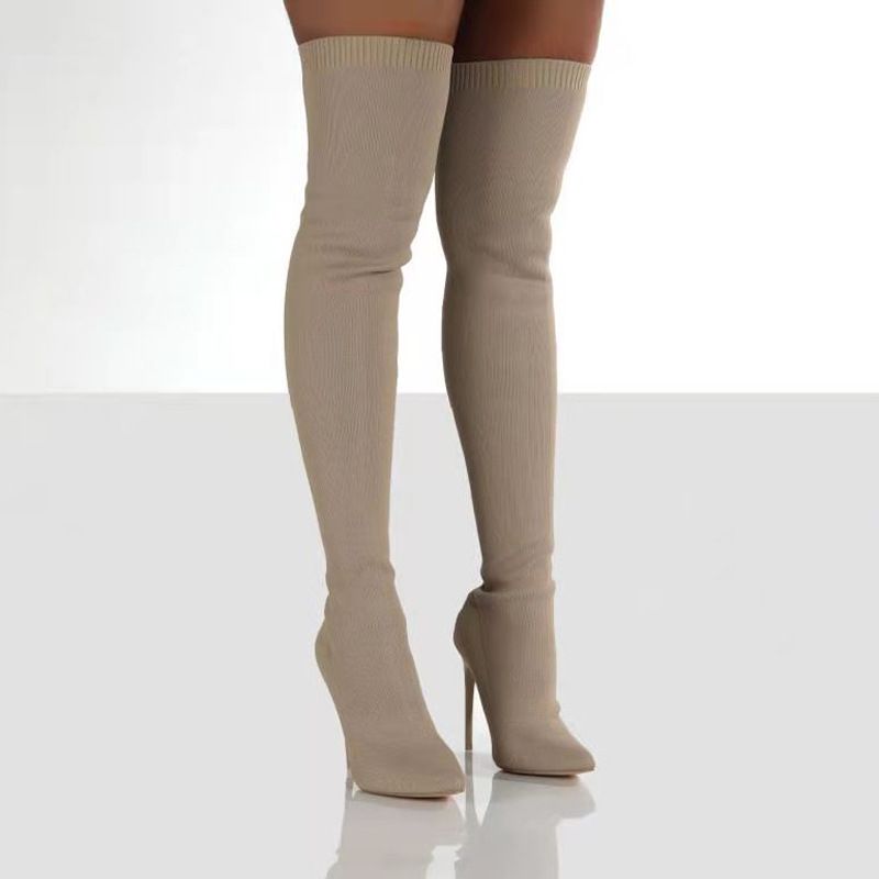Plus Size Shoes Women's Stretch Knit Over-the-Knee Boots With Pointed Toe And High Heel For Autumn Winter Flyknit Elastic Wool Slip On Peep Toe_voghion.com