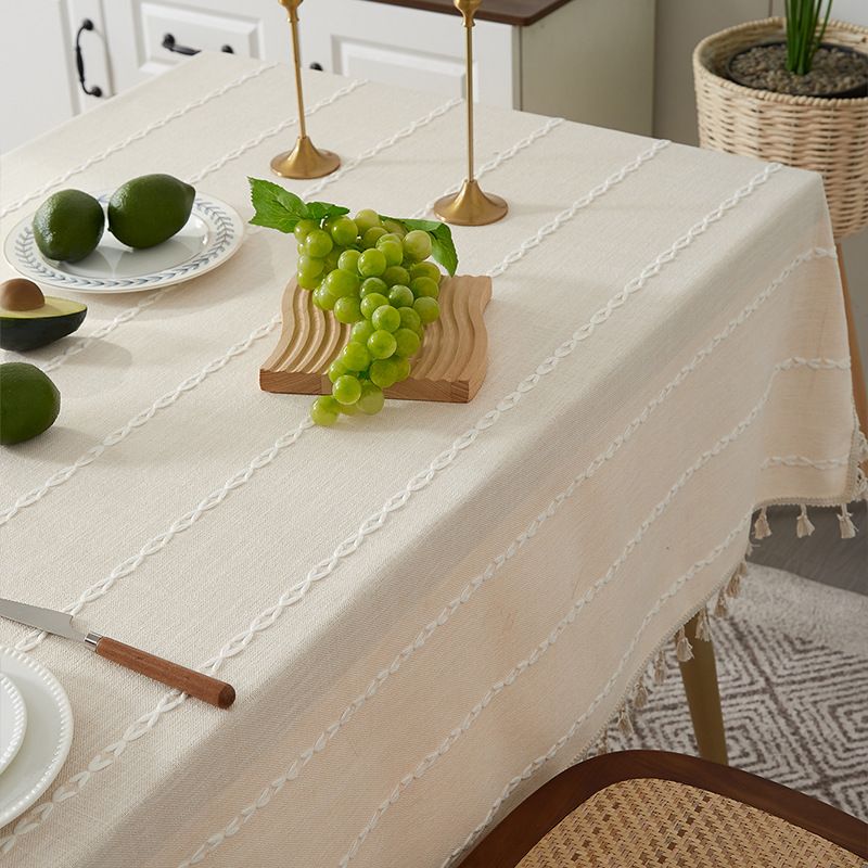 Nappe à franges marron - Style rustique de ferme avec mélange lin-coton (housse de table rectangulaire 60" x 90" lavable, résistante aux taches de café/thé)_voghion.com