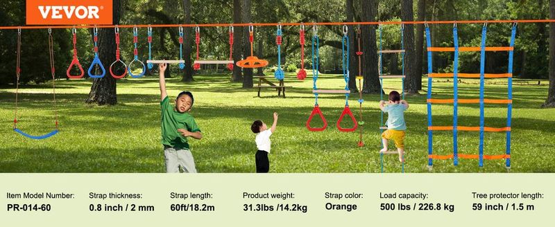 VEVOR Ninja Warrior Obstacle Course For Kids, 2 X 60 Ft Weatherproof Slacklines, 500lbs Weight Capacity Monkey Line, Outdoor Playset Equipment, Backyard Toys Training Equipment Set With 14 Obstacles_voghion.com