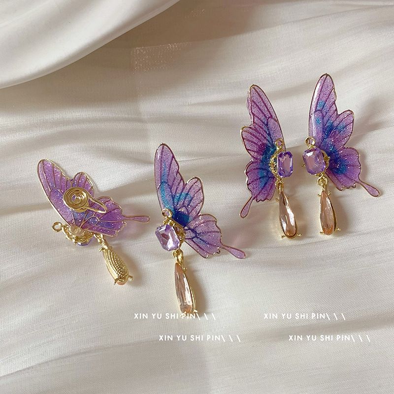 Midsummer Dream Purple Butterfly Ins Cool Light Luxury Chinese Style Super Fairy Non-pierced Earrings For Women_voghion.com