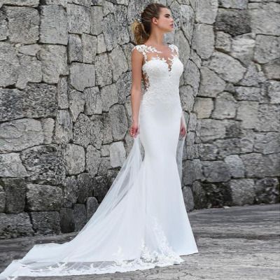 Elegant Off-the-Shoulder Mermaid Wedding Dress With Slimming Tailored Fit, Simple Long Train Bridal Gown For Bride_voghion.com