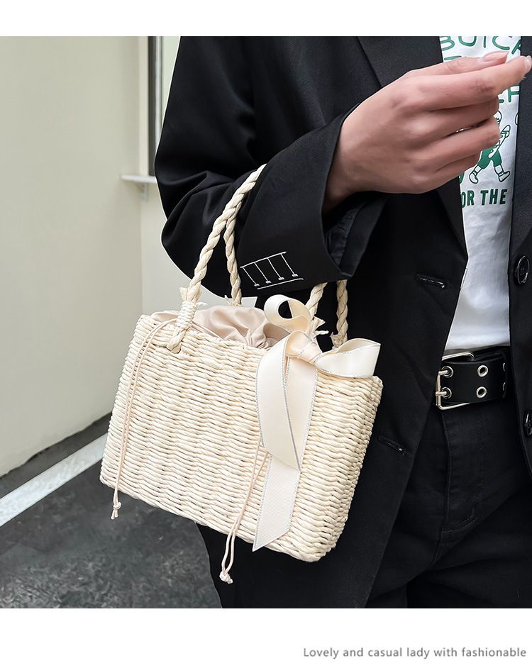 Women's Shoulder Bags Simple Hand-held Woven Bag, Handbag, Bow Tie Storage Basket, Woven Storage, Small Square Bag_voghion.com