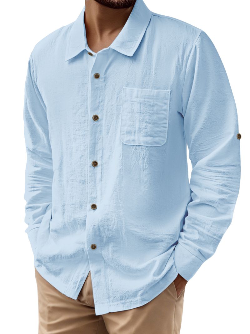 Europäische und amerikanische Herren Sommer Leinen Kurzarm Strickjacke Casual Button-up Strand Urlaub lose Hemd_voghion.com