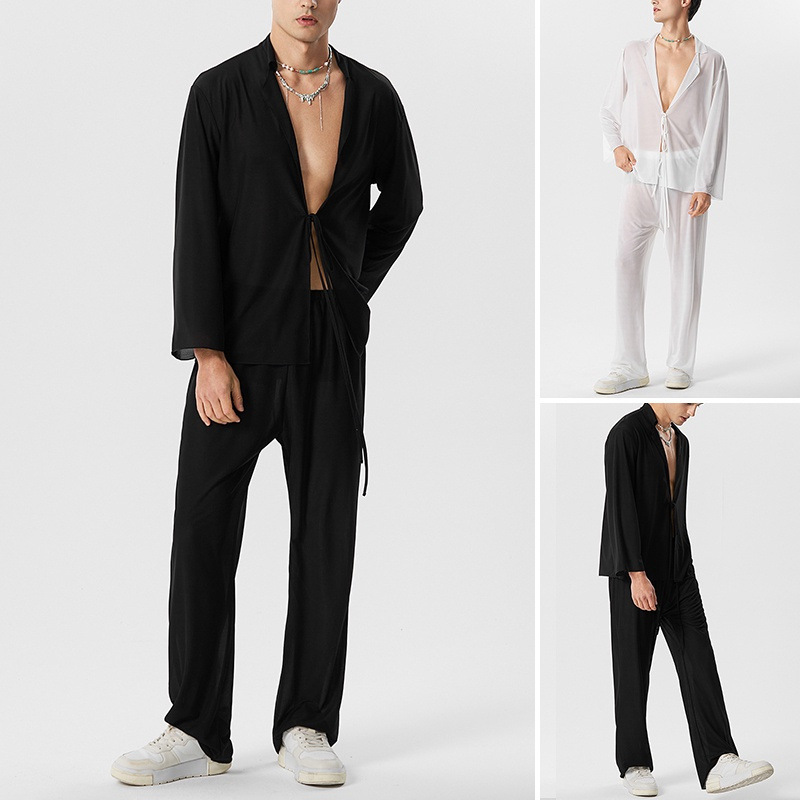 Men's Thin Solid Color Sexy Deep V-Lace Long sleeved Cardigan Shirt Perspective Pants Fashion Set_voghion.com