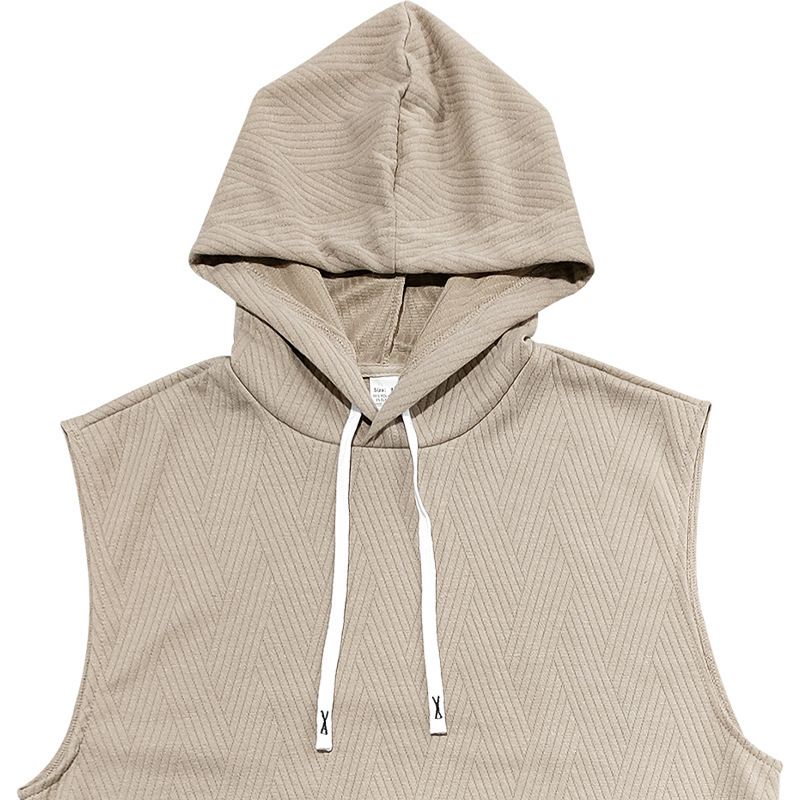 Felpa con cappuccio in maglia jacquard casual da uomo, senza maniche, con tasca applicata e coulisse_voghion.com