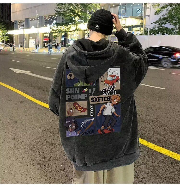 Felpa con cappuccio in composito con doppia tasca lavata americana per uomo e donna, pullover hip-hop, autunno e inverno spesso e largo_voghion.com