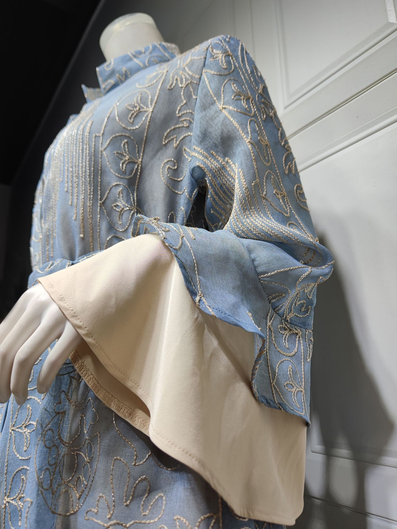 Damenbekleidung Nahöstliches muslimisches Abendkleid für Frauen mit Lotusblattärmeln, neues zweiteiliges Kleid, Jalabiya-Robe_voghion.com