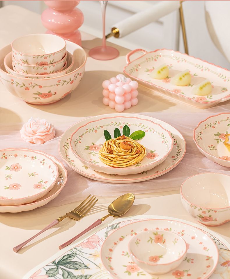 Romantic Pink High-Value Bowl Plate Set Home Use, Beautiful For Girls, Dining Bowls And Plates, Ceramic Underglaze Color_voghion.com