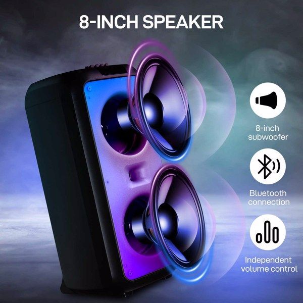 Enceinte karaoké portable sans fil Bluetooth 8 pouces avec TF/USB/AUX/FM/TWS, éclairage disco LED, Bluetooth 5.0 pour soirées en plein air_voghion.com