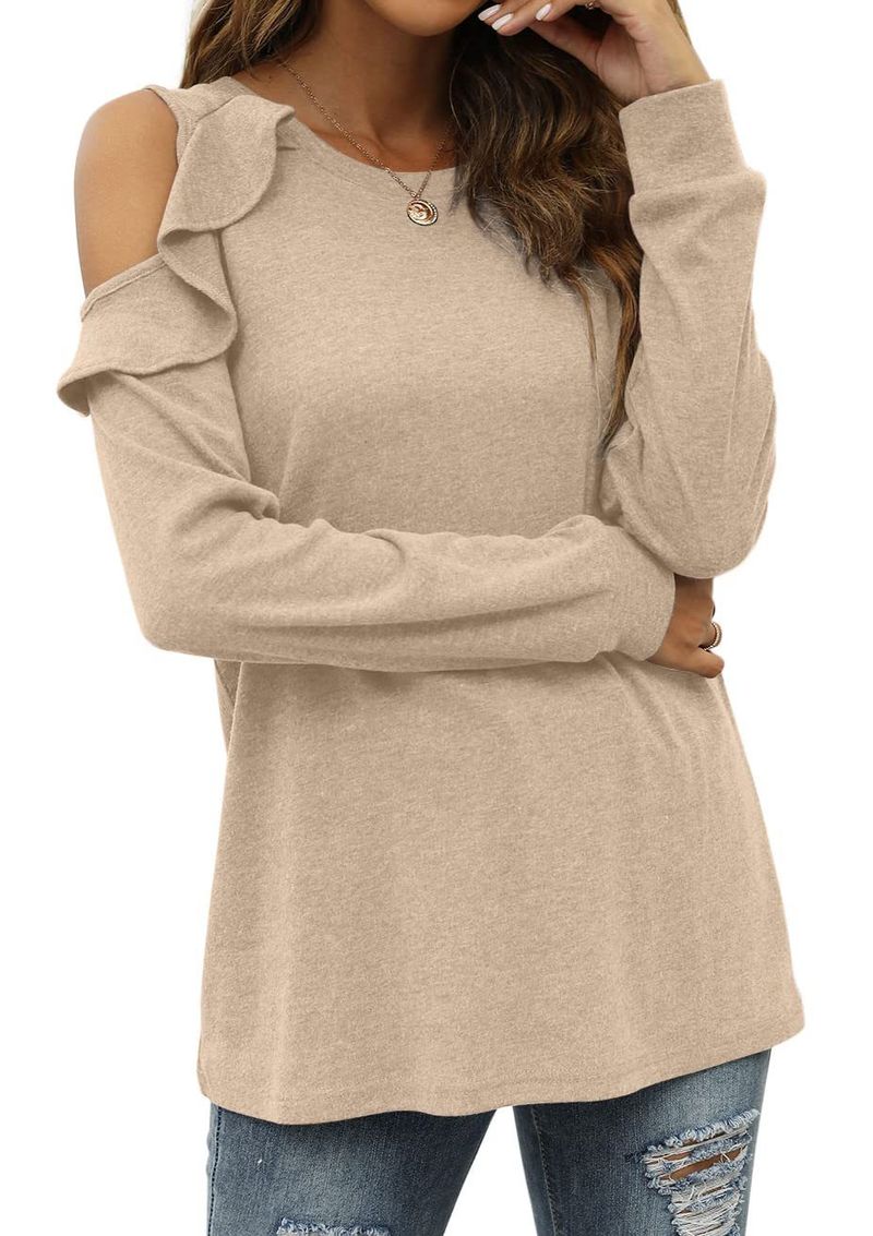 Top oversize da donna in maglia con spalle scoperte e orlo arricciato - Maglione casual in morbido misto cotone per autunno inverno_voghion.com