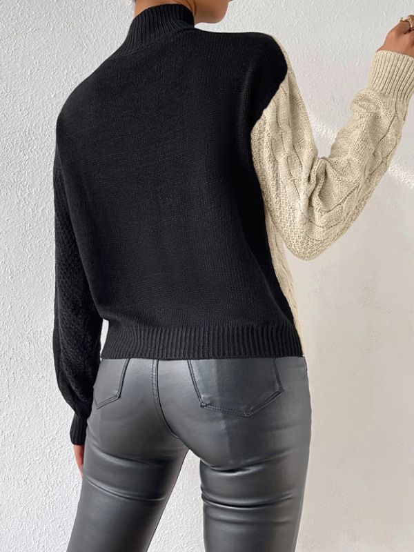 Damenbekleidung halbhoher Kragen, gedrehter Pullover, Herbst und Winter, Kontrastfarbe, lockerer, lässiger Pullover_voghion.com