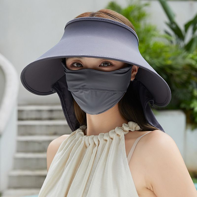 2024 New Sun Hat With Visor, Three-Piece Set, Summer Wide Brim Ice Silk Shawl, Face Mask, Sunshade, UV Protection_voghion.com