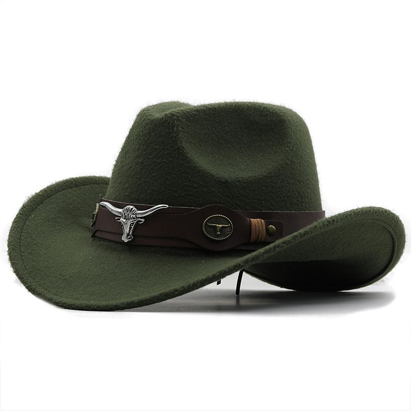 Cappello a cilindro semplice in lana con tesa rovesciata in stile inglese, cintura con testa di mucca, cappello da cowboy occidentale di colore solido_voghion.com