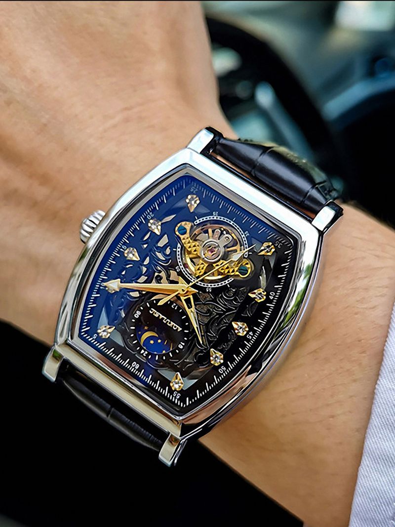 Fashion Iced Out Skeleton Automatic Watch For Men Moon Phase Luxury Tourbillon Mechanical Watches Leather Strap_voghion.com
