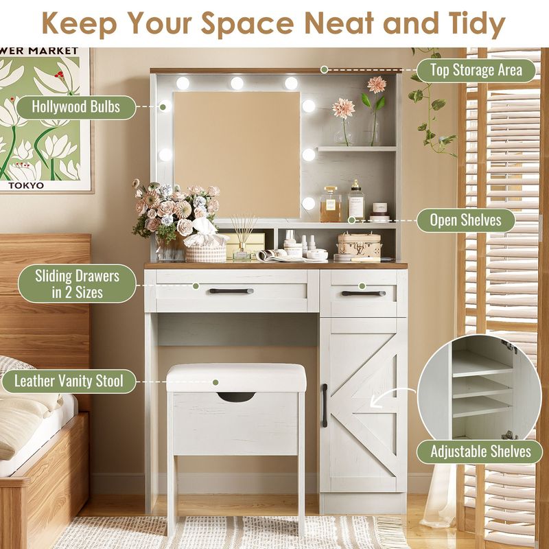 Farmhouse Makeup Vanity Desk With Mirror And Lights, 3 Lighting Modes, Vanity Set With Stool, Dressing Table With Adjustable Shelves,2 Drawers And Side Cabinet For Bedroom, White_voghion.com