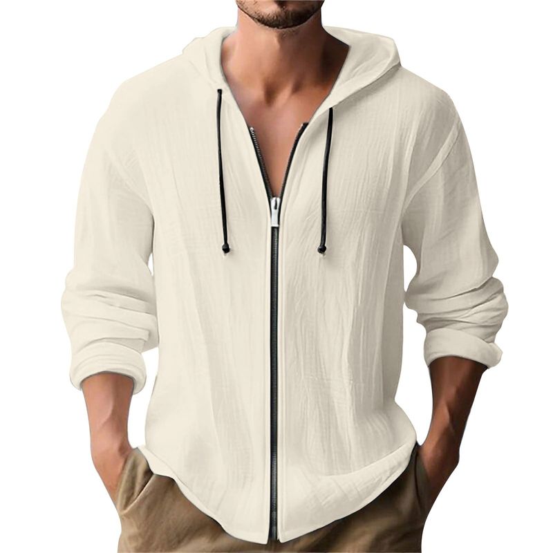 Herren-Kapuzenpullover mit Reißverschluss aus Leinenmischung – leichte, atmungsaktive Langarm-Hemdjacke (Weiß/Schwarz/Khaki, S-XXXL)_voghion.com