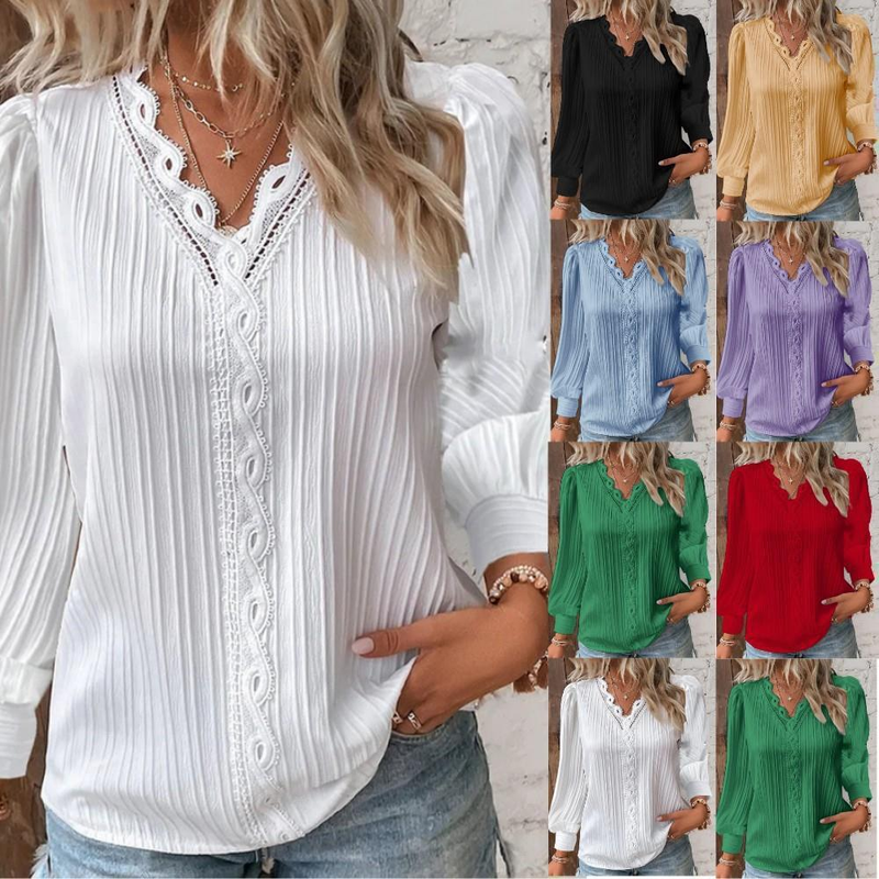 Camicia da donna con cuciture in pizzo con scollo a V a maniche lunghe autunno vendita calda da donna_voghion.com