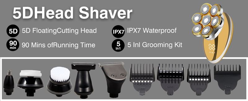 New Model Shaver With Digital Display, Seven Blades, Electric Razor Head, Bald Hair Trimmer, Rechargeable All-in-One_voghion.com