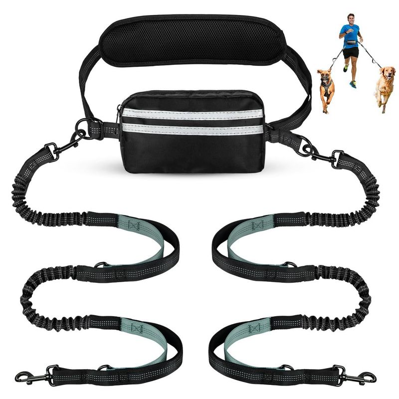 Taška na vodítko pro psy Hands Free s dvojitým popruhem pro dva psy - elastický popruh s dvojitým polstrováním pro ruce_voghion.com