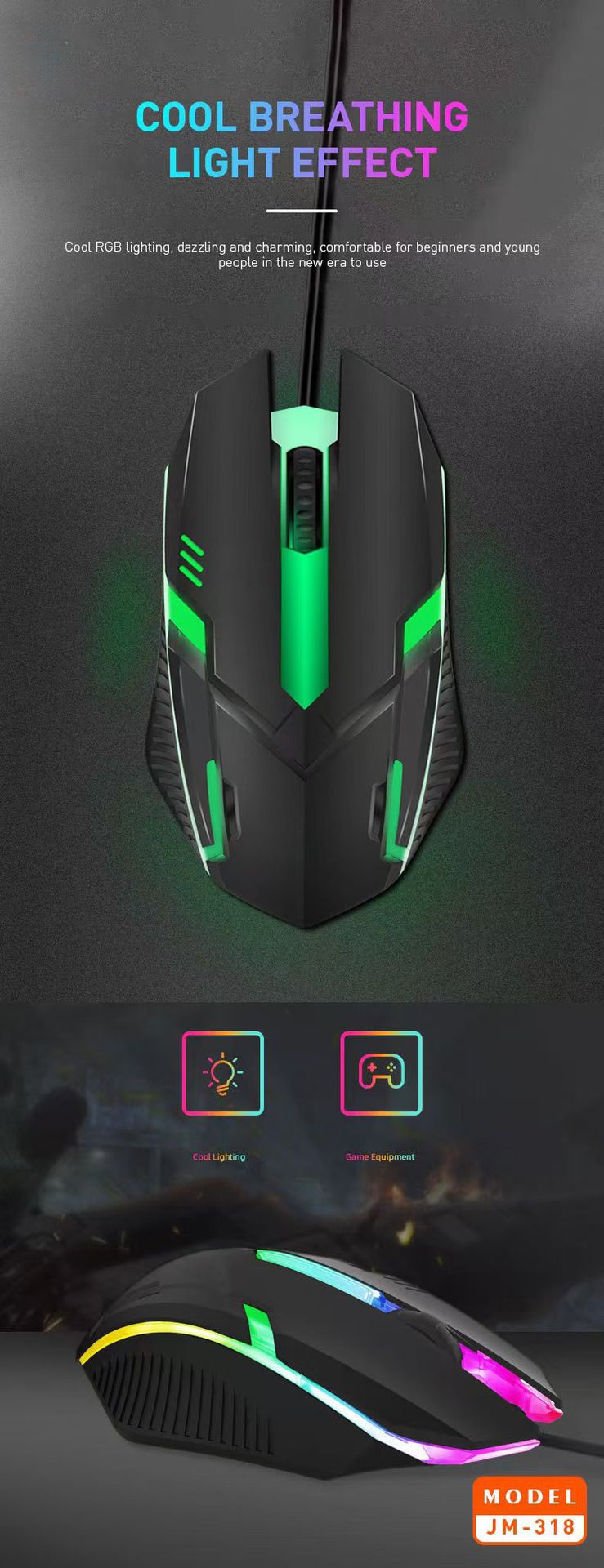 Optical For And Office Use, USB Colorful Light-emitting Wired Gaming Mouse JM318_voghion.com