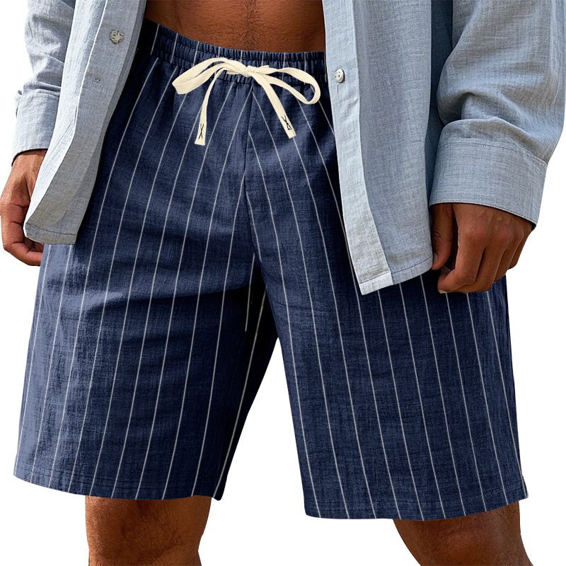 Pantaloncini da spiaggia estivi in stile americano, larghi, traspiranti, in lino, a righe verticali, con lacci, da uomo, alla moda, a 5 punti_voghion.com