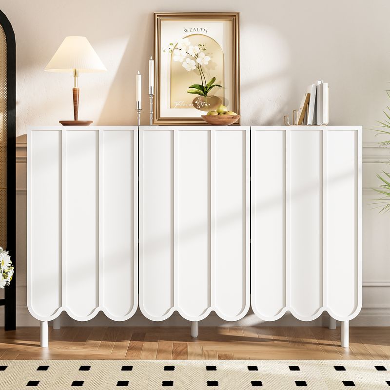 Buffet blanc moderne avec portes ondulées, 120 x 35 x 80 cm, design sans poignées, étagères réglables, meuble de rangement pour salon, couloir et salle à manger._voghion.com