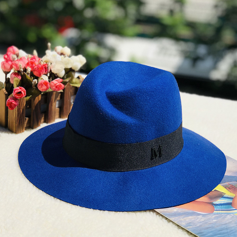 Autumn and winter oblique top hat British pepper letter M wool wide brim hat wool hat_voghion.com