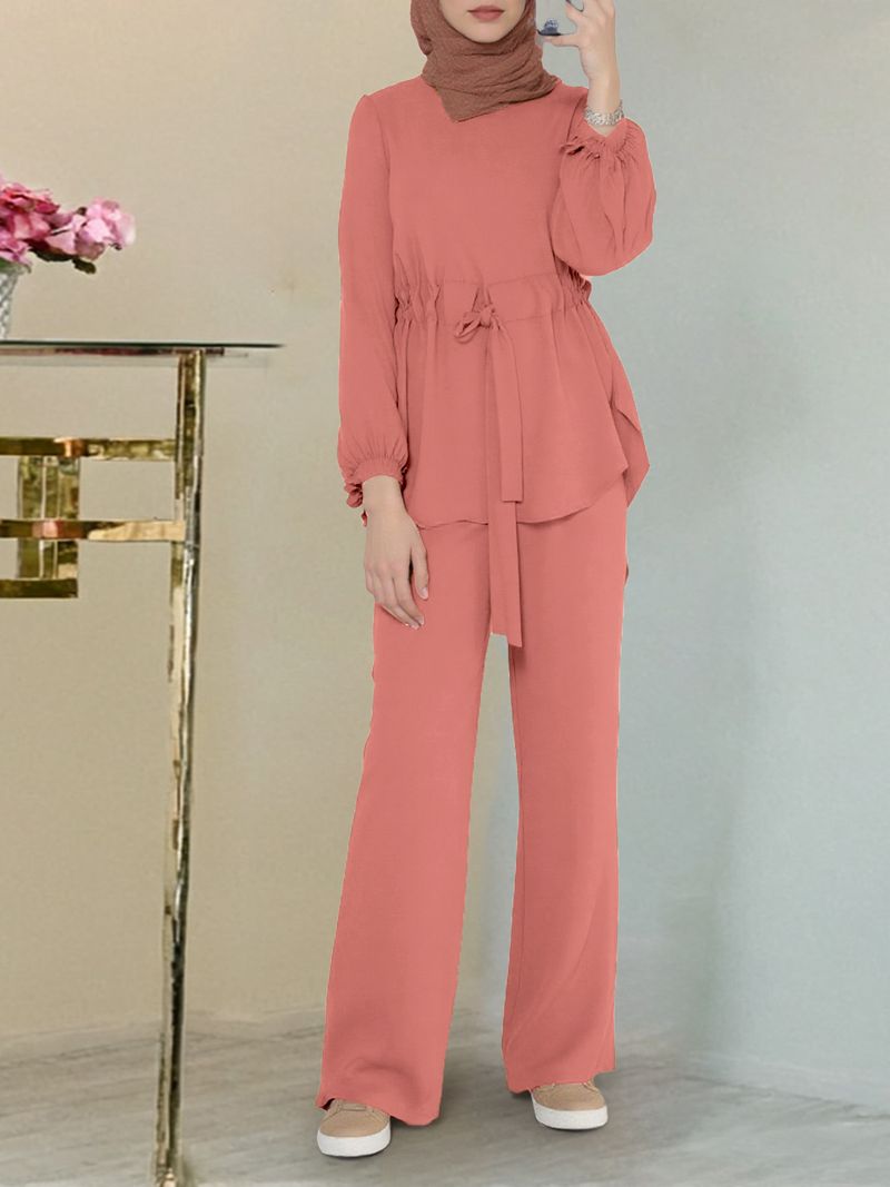 Completo elegante da donna musulmano in due pezzi, tinta unita, con top a maniche e pantaloni a gamba larga | Outfit casual quotidiano per le donne_voghion.com