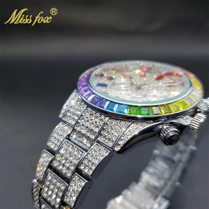Missfox - Gouden herenhorloge, regenboogdiamanten wijzerplaat, chronograaf met drievoudige wijzerplaat, waterdicht, sportief, elegant_voghion.com