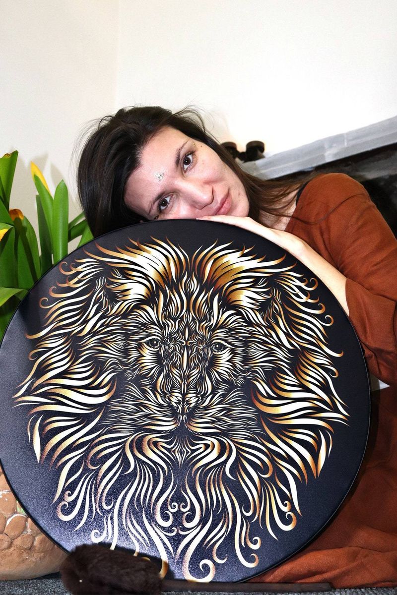 FIRLAR Shaman Drum 10 Inch Tree of Life Decorative Design Tambourine with Drum Stick Musical Shaman Lion_voghion.com