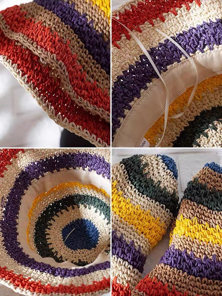 Sraw da donna pieghevole bohemien spiaggia arcobaleno colorato pescatore He Sun, che mostra un piccolo viso coprente, alla moda Po_voghion.com