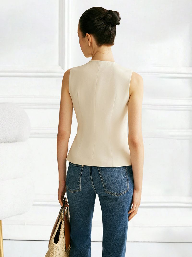 Damenbekleidung Jacke Dekorative Knöpfe Einfarbig Ärmellose Temperament Weste_voghion.com