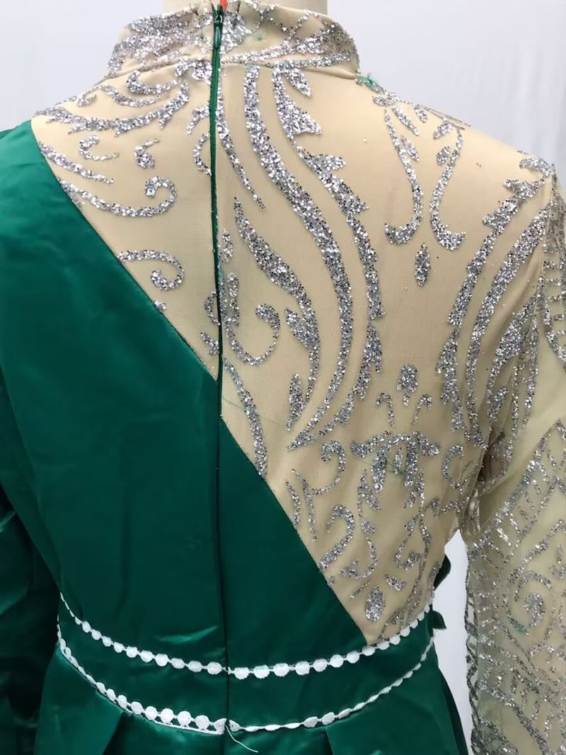 Evening Party Dress Women Elegant Beading Side Split Satin Lantern Sleeve Green Wedding Prom Gown Long Maxi Dresses 2025_voghion.com