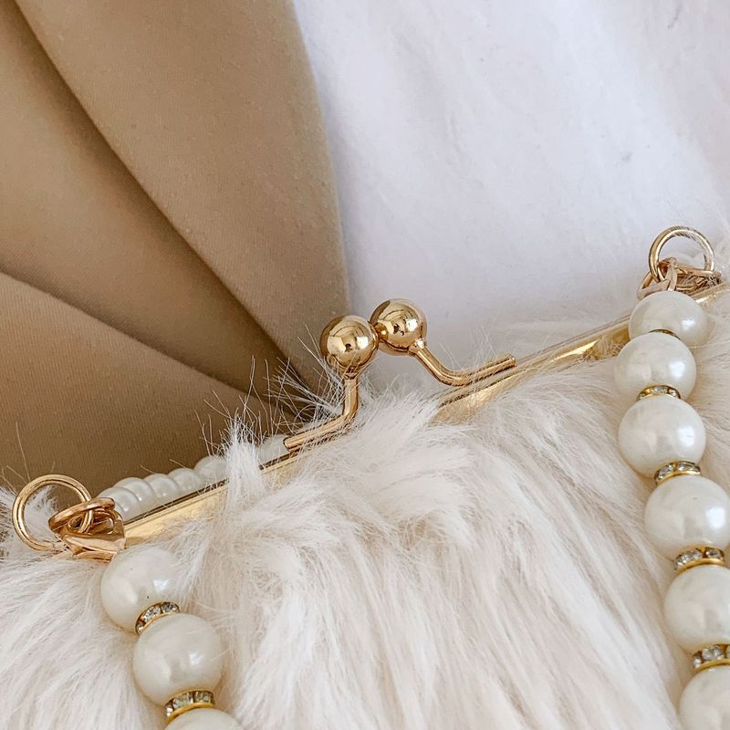 Borsa a tracolla con tracolla in stile fata, piccola borsa quadrata con catena di perle di peluche di grande capacità_voghion.com