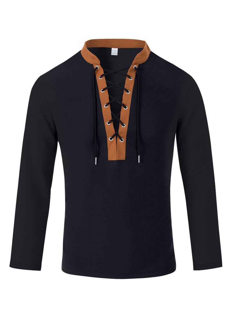 Herrenbekleidung Herren-T-Shirt mit langen Ärmeln im Waffelstrick-Stil – Lässiger brauner Farbblock mit Kordelzugdetail_voghion.com
