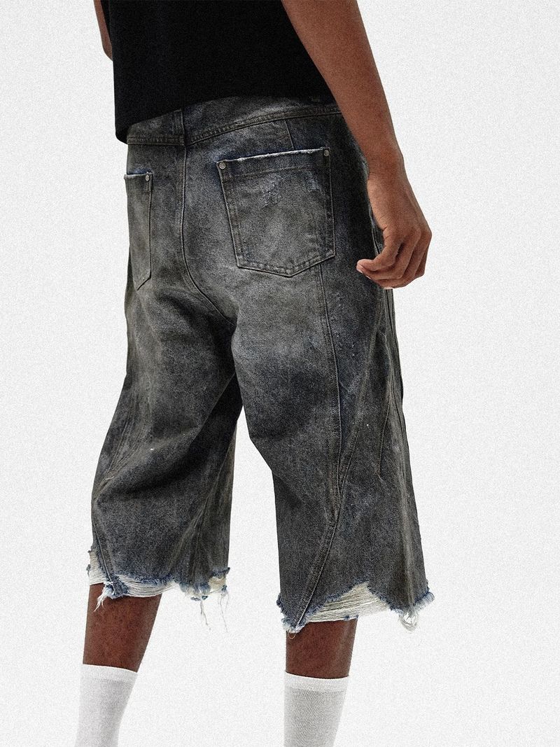Men's Clothing Retro Washed Distressed Basic Cropped Trousers Casual Loose Solid Color Straight Jeans New_voghion.com