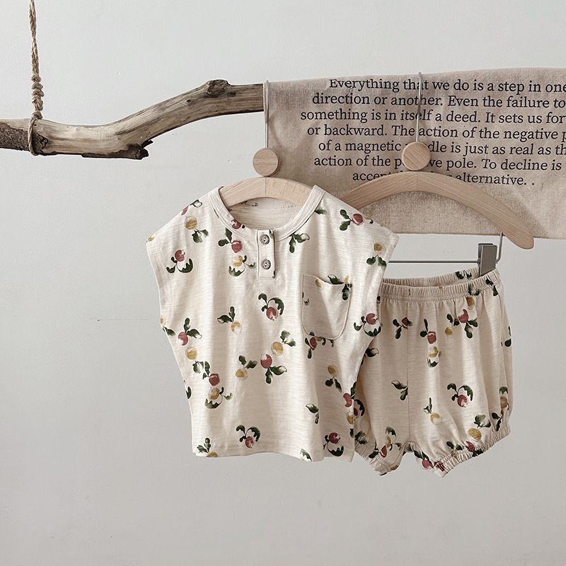 Ins Nordic Style Children's Suit Summer Cotton Children's Sleeveless Vest Fruit Floral Suit Baby Two Piece Suit_voghion.com